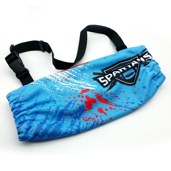 blue handwarmer with american football design