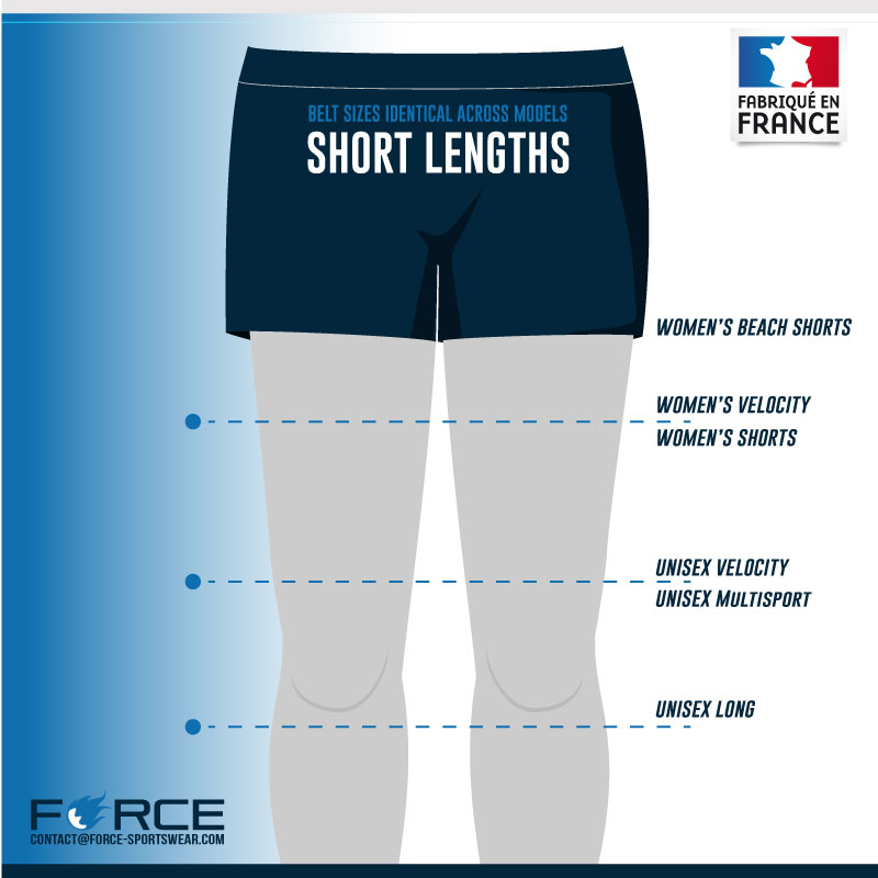 illustration de différentes longueurs de shorts de Force sportswear