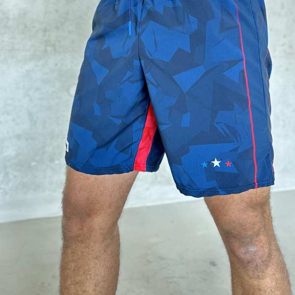front view of man legs wearing blue shorts showing inner leg details